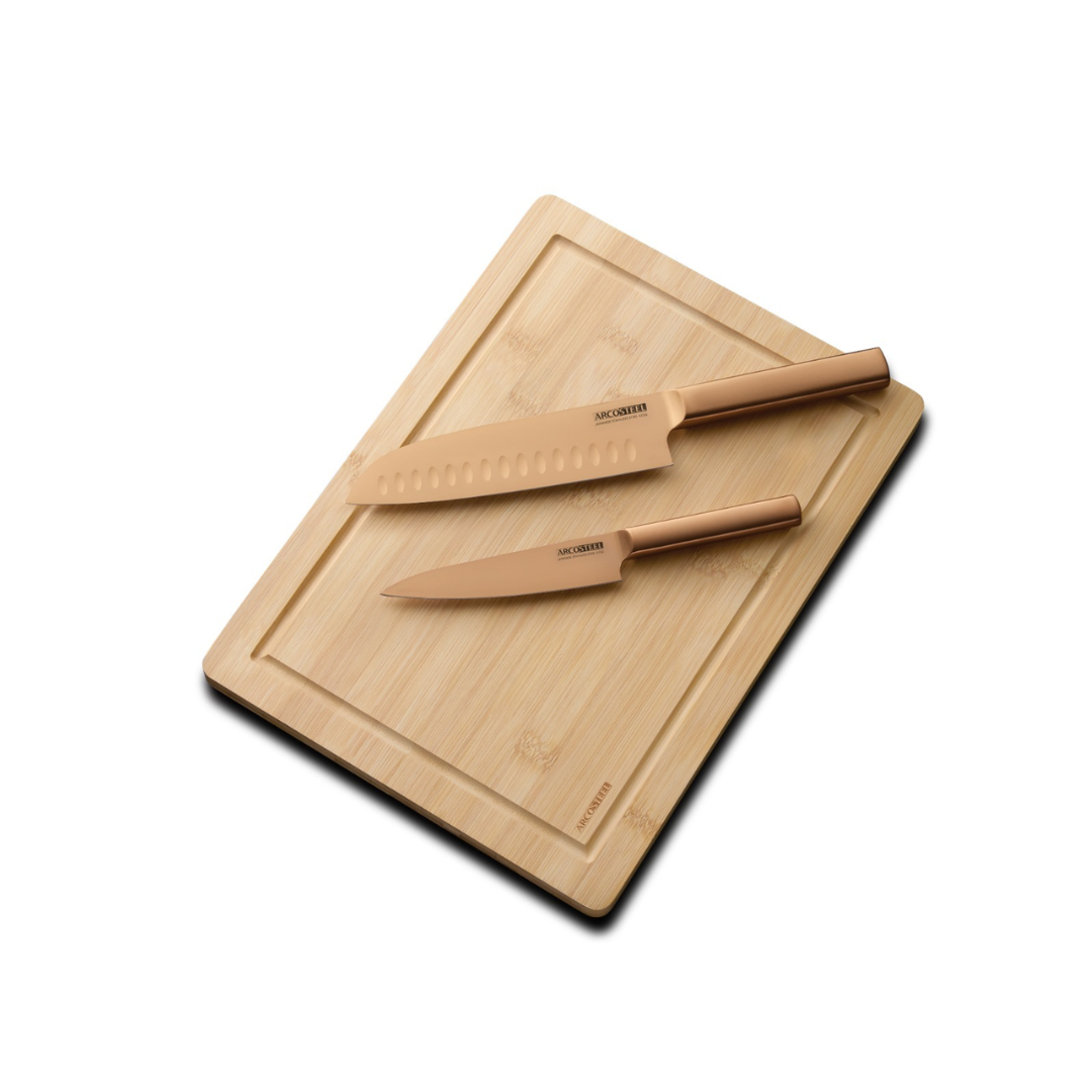 סט 3 חלקים - 2 סכינים + קרש חיתוך עץ TONTO ברונזה מבית ARCOTSTEEL