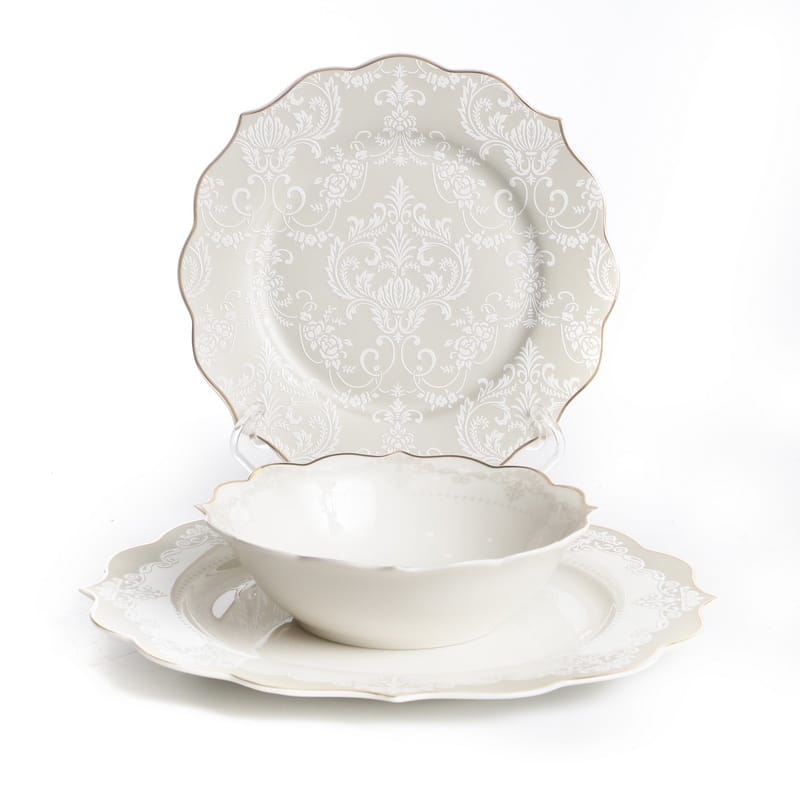 סט צלחות 18 חלקים - דגם Lace תחרה לבן אפור פס זהב New Bone China