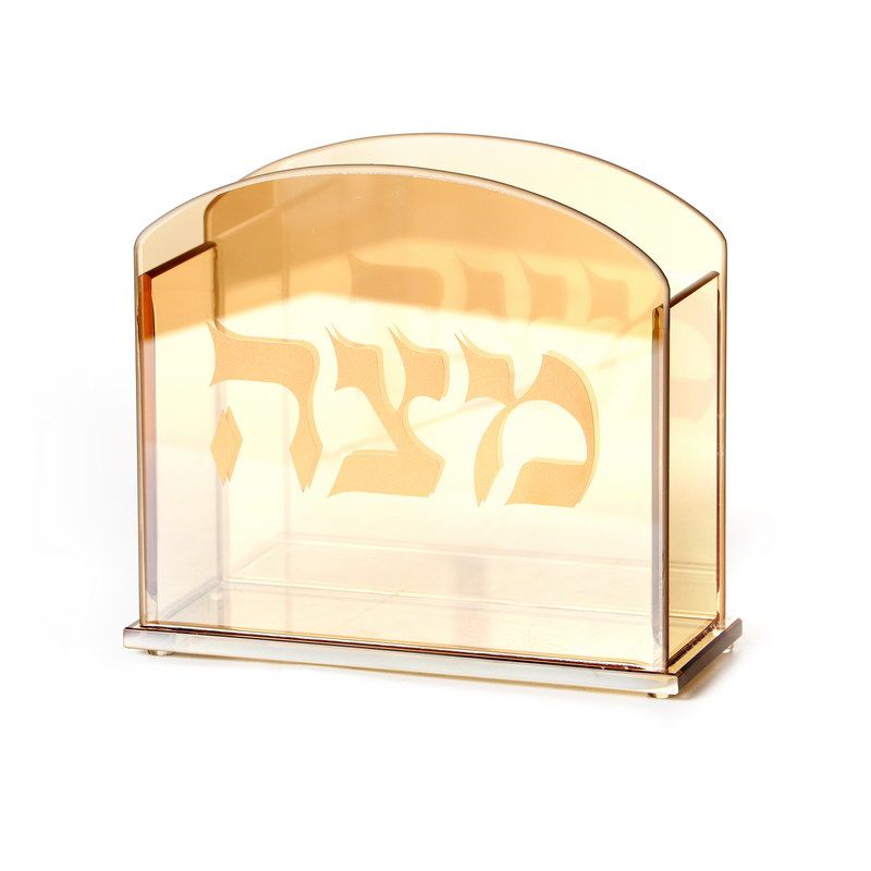קופסא למצה - זכוכית ענבר כיתוב זהב גובה 19 ס"מ עמוק 7 ס"מ