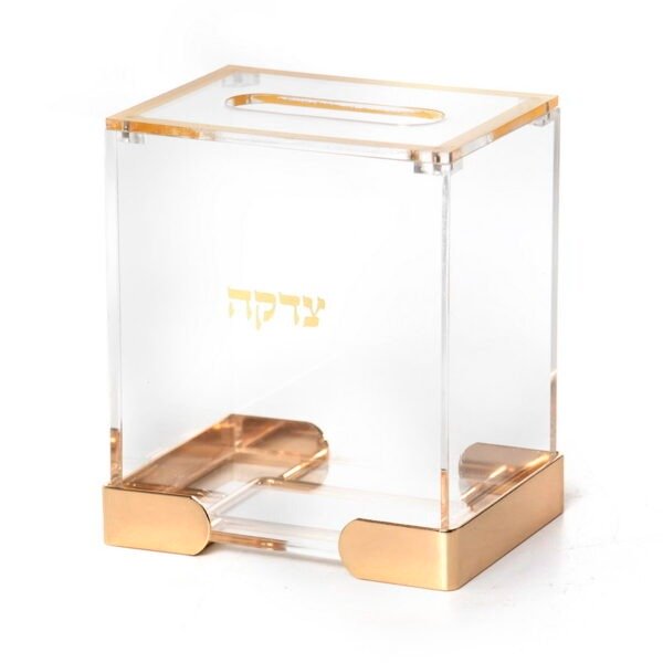 קופת צדקה - אקרילי שקוף מתכת זהב 12X9 גובה 13 ס”מ