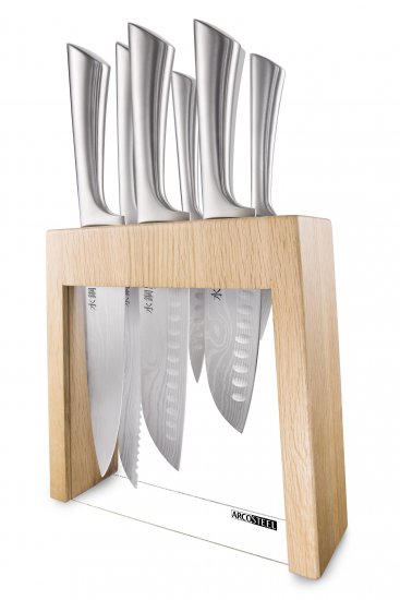 סט דמשירו 7 חלקים - 6 סכינים + מעמד עץ מבית Arcosteel