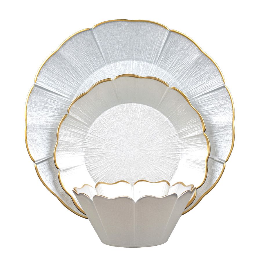 סט צלחות 18 חלקים זכוכית LOTUS WHITE PEARL GOLD לבן פנינה