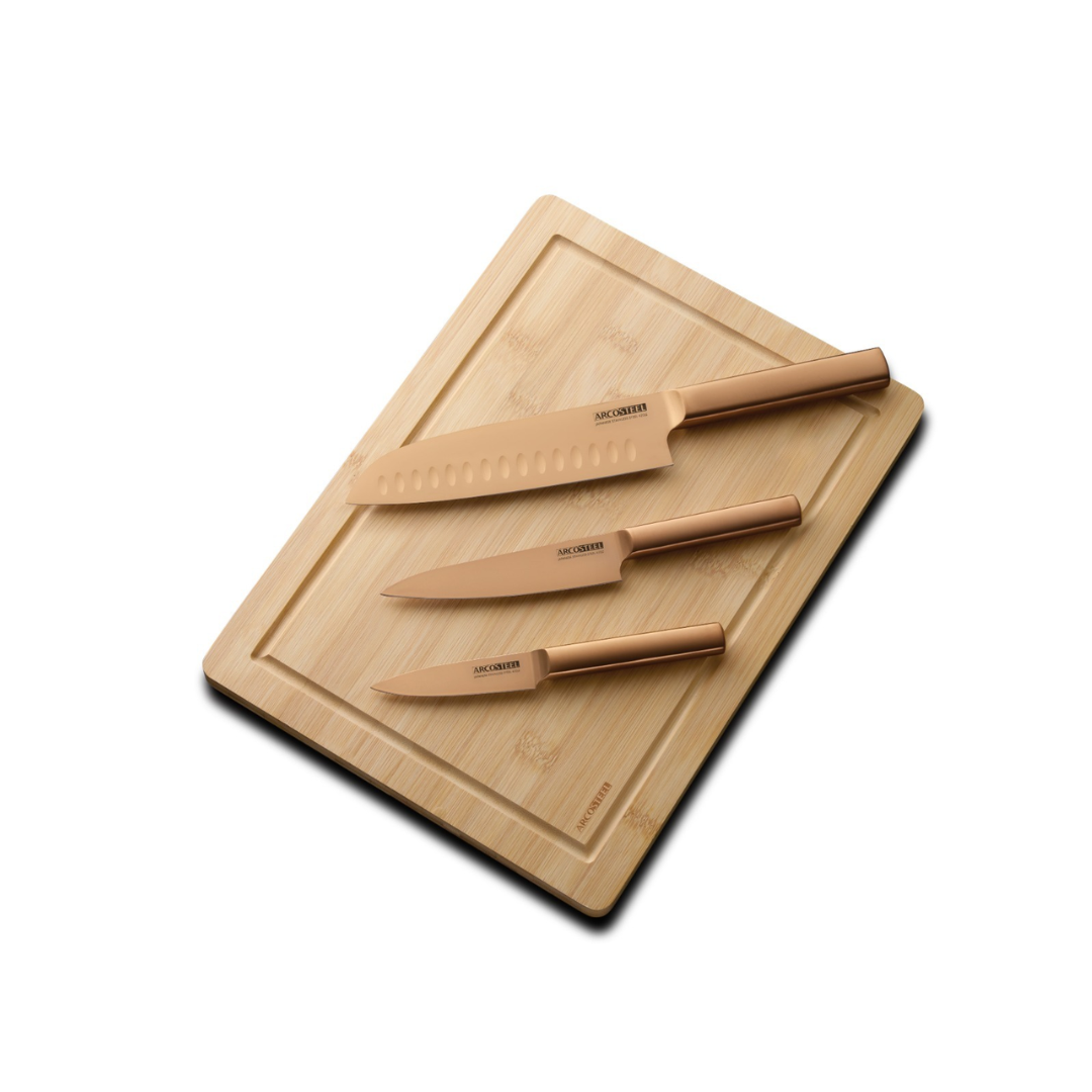 סט 4 חלקים - 3 סכינים + קרש חיתוך עץ TONTO ברונזה מבית ARCOTSTEEL