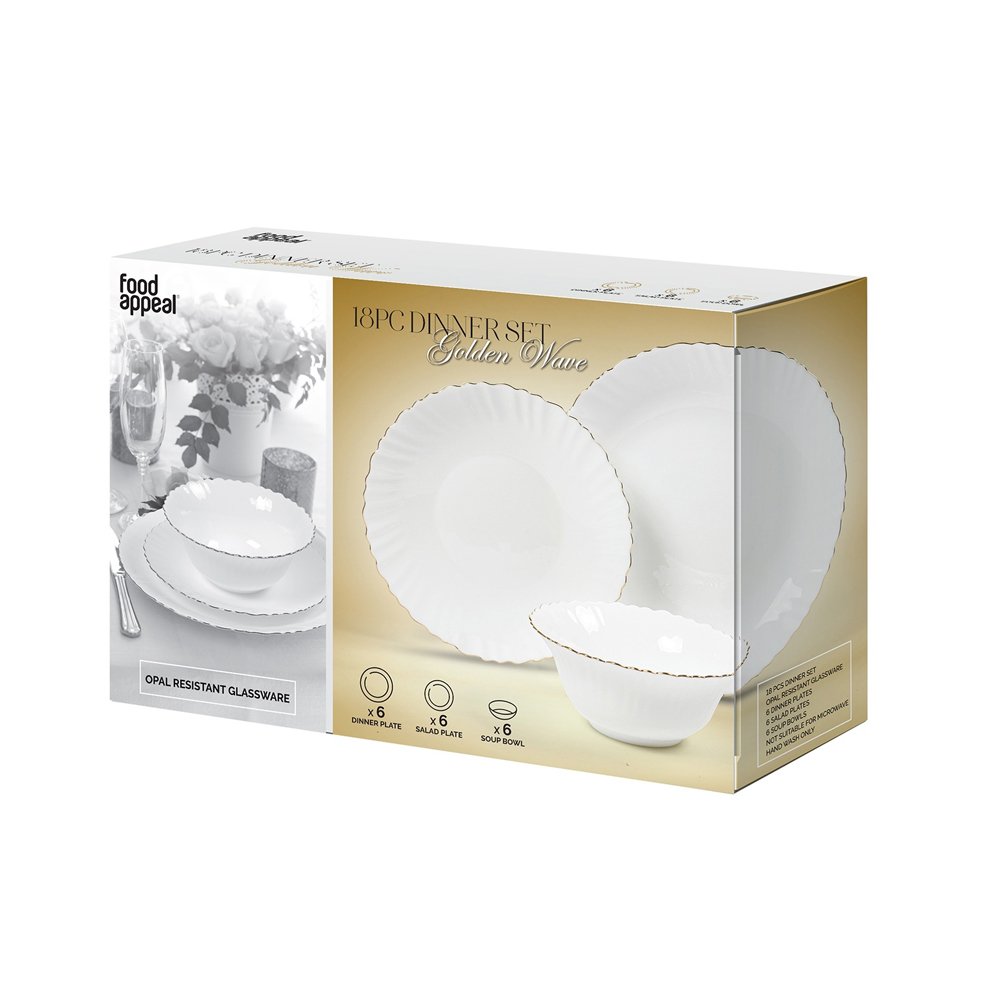 סט אוכל מעוטר מזכוכית אופל אנטי צ'יפ 18 חלקים GOLDEN WAVE