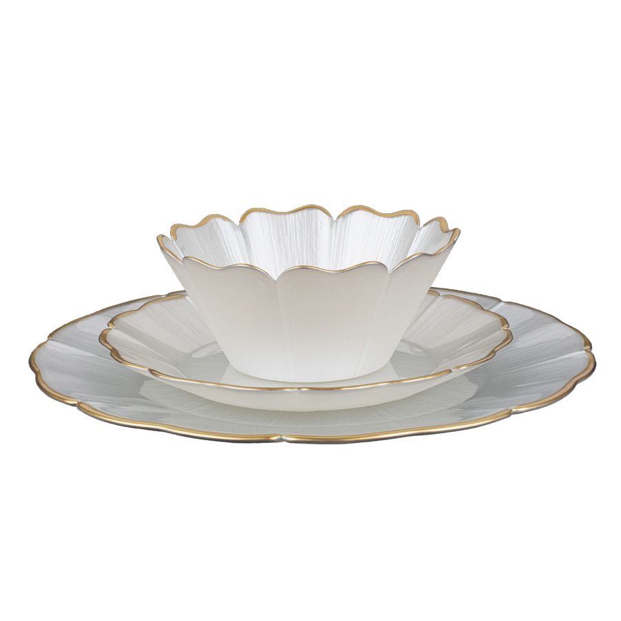 סט צלחות 18 חלקים זכוכית LOTUS WHITE PEARL GOLD לבן פנינה