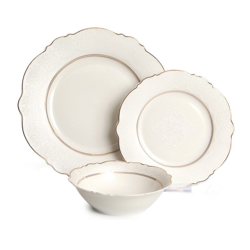 סט צלחות 18 חלקים - דגם Marie זהב לבן אפור New Bone China